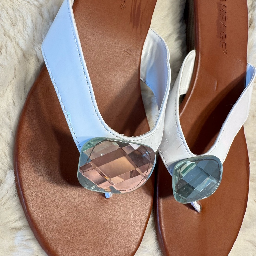 Rampage Y2K White Gem-Embellished Women’s Thong Sandals Resort Glam